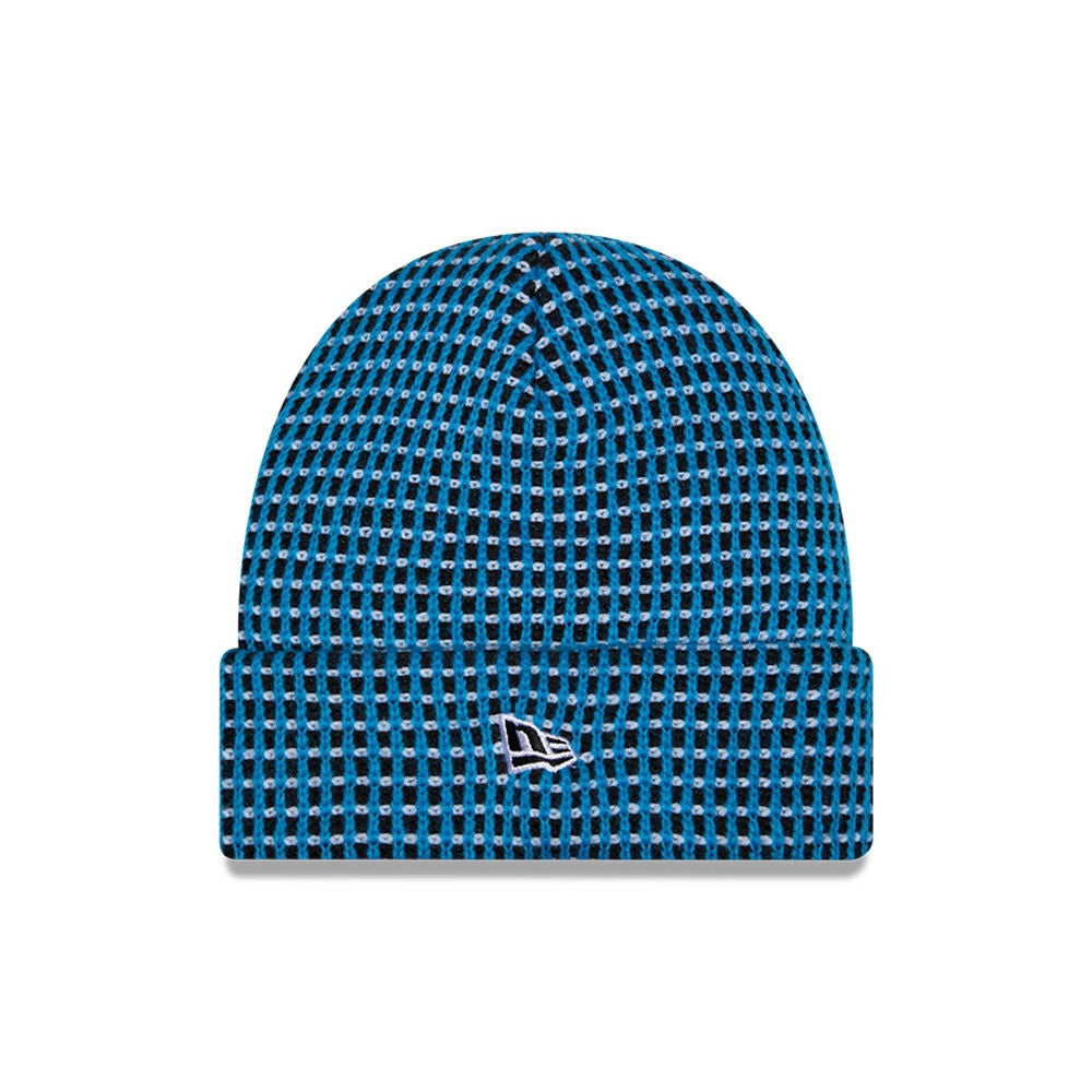 Pictured is this NFL Sideline 2026 Carolina Panthers Cuff Knit Beanie Hat in blue and black. 2