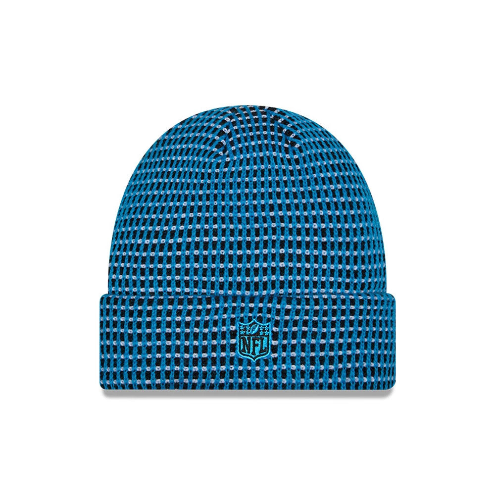 New Era Carolina Panthers NFL Sideline 2026 Blue & Black Cuff Knit Beanie Hat, front view showing the embroidered NFL shield logo in blue on the turned-up cuff, featuring a textured blue and black pattern throughout the knit fabric.