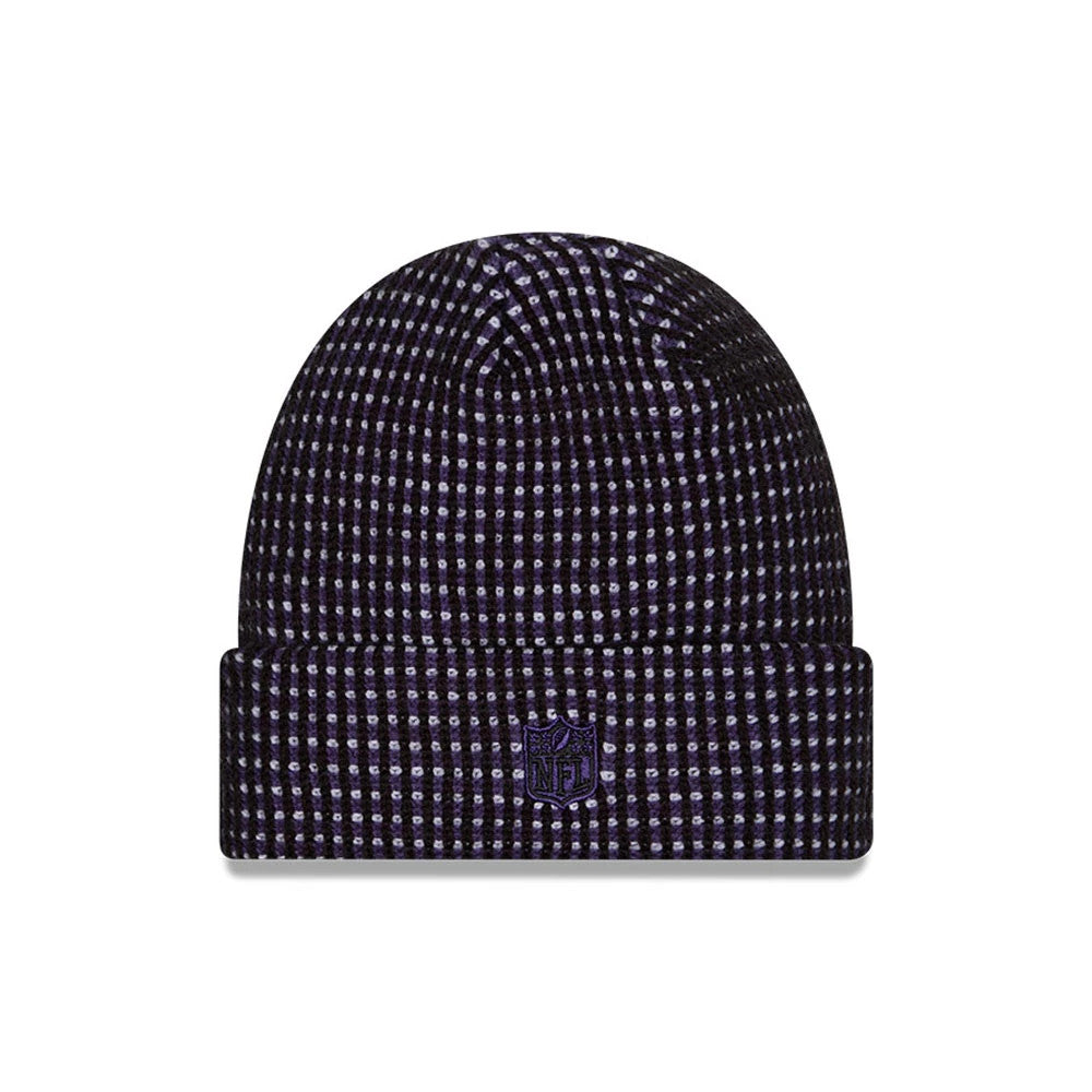 Pictured is this NFL Sideline 2026 Baltimore Ravens Cuff Knit Beanie Hat in black and purple. 3