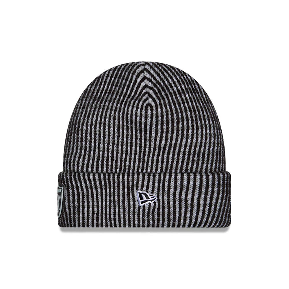 Pictured is this NFL Sideline 2026 Las Vegas Raiders Cuff Knit Beanie Hat in black. 2