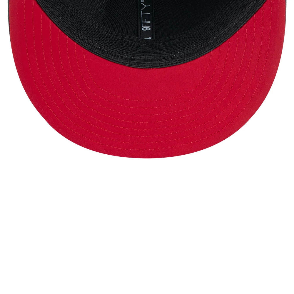 49ers NFL Sideline 2026 Charcoal New Era 9FIFTY Snapback Adjustable Cap, inside view showing a red undervisor contrasting with the black sweatband, a 9FIFTY label in white text on the taping along the centre.