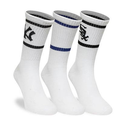 New Era MLB Multi Team White 3 Pack Crew Socks, front view showing three pairs of white socks each featuring different team logos, with black and blue ribbed stripes around the cuffs, and the logos embroidered on the sides below the stripes.
