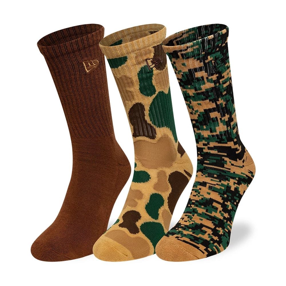 Pictured is this New Era Camo 3 Pack Crew Socks in brown. 1