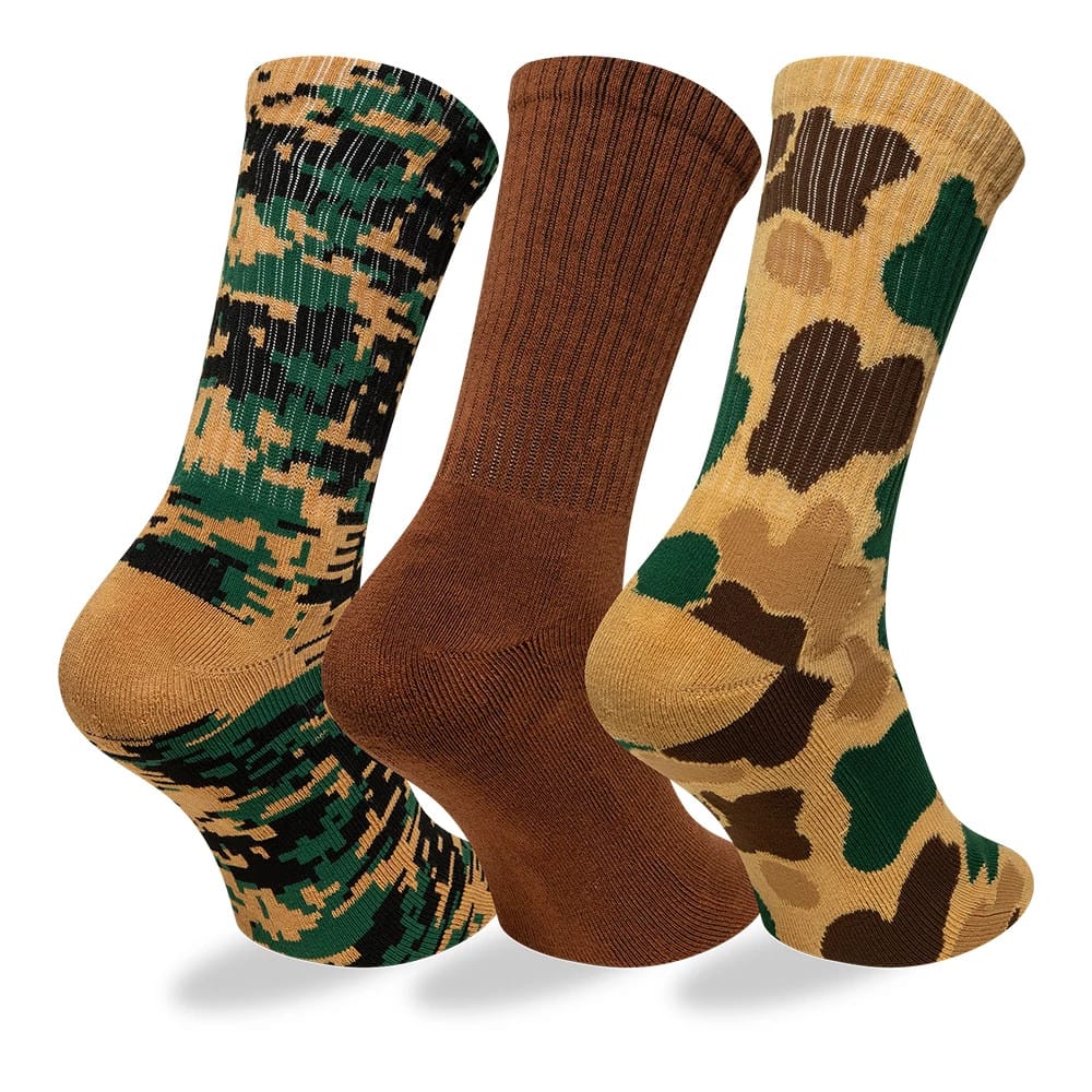 Pictured is this New Era Camo 3 Pack Crew Socks in brown. 2