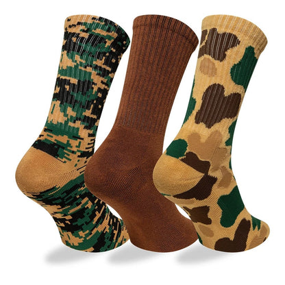 Pictured is this New Era Camo 3 Pack Crew Socks in brown. 2