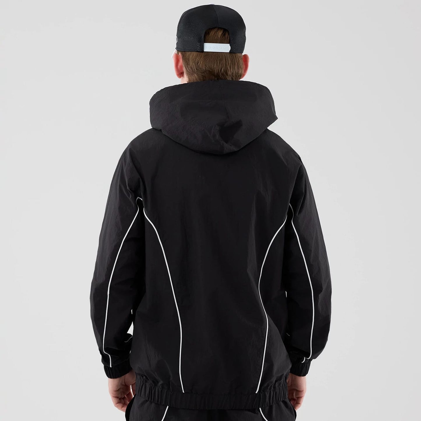 The model is wearing this MLB Piping LA Dodgers Jacket in black. 2