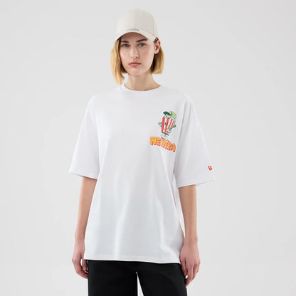 The model is wearing this New Era Food Graphic Oversized T-Shirt in white. 4