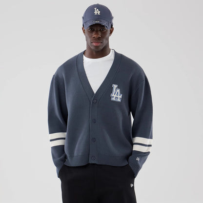 The model is wearing this MLB Knit LA Dodgers Cardigan in grey. 1