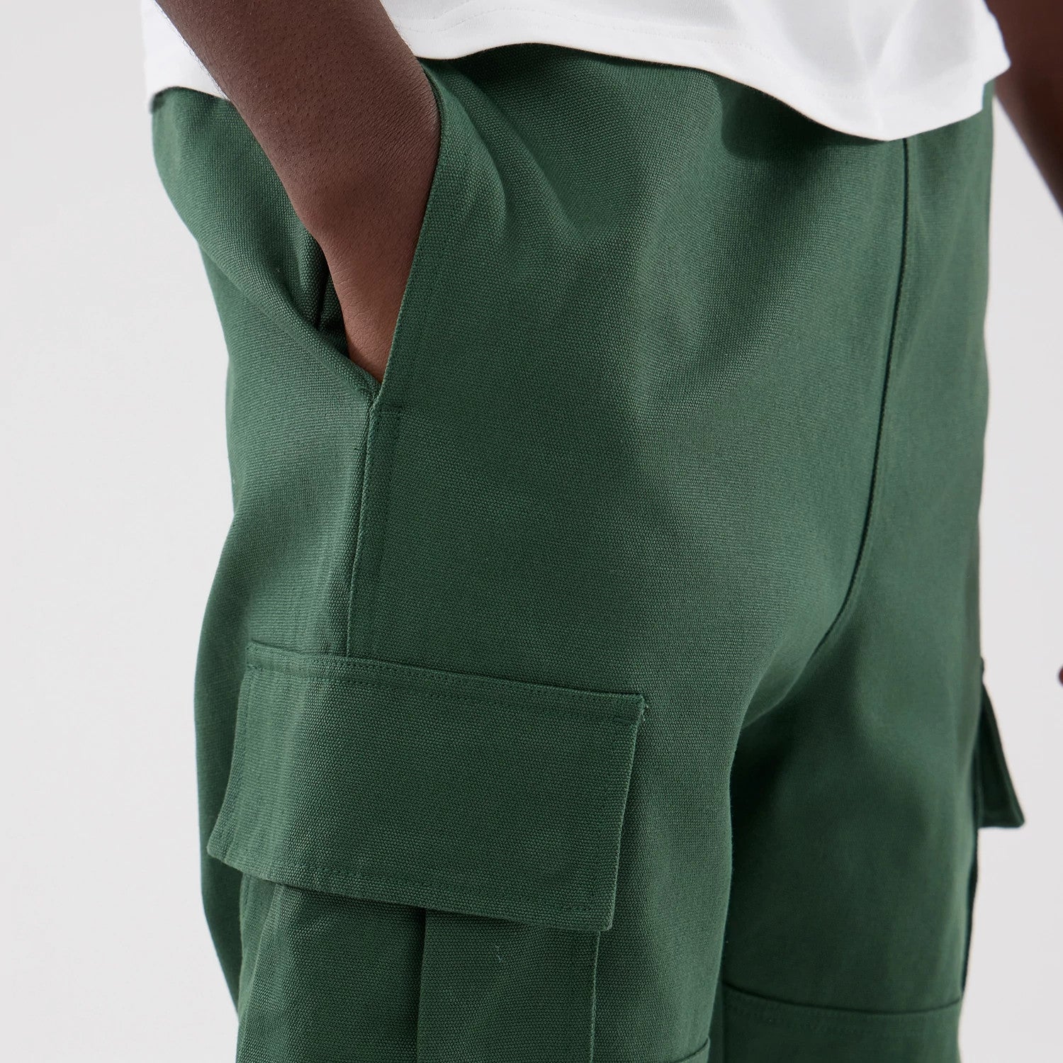The model is wearing these New Era Cargo Trousers in dark green. 4