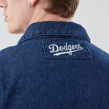 The model is wearing this MLB Coaches LA Dodgers Jacket in dark blue. 7