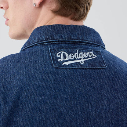The model is wearing this MLB Coaches LA Dodgers Jacket in dark blue. 7