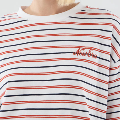 The model is wearing this New Era Stripe Oversized T-Shirt in white. 6