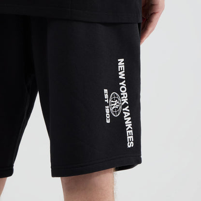 The model is wearing these MLB Logo Graphic New York Yankees Oversized Shorts in black. 6