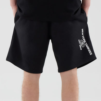 The model is wearing these MLB Logo Graphic New York Yankees Oversized Shorts in black. 7