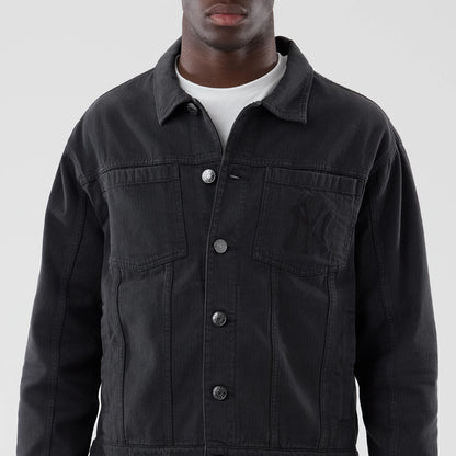 The model is wearing this MLB Stripe Denim New York Yankees Jacket in grey. 3