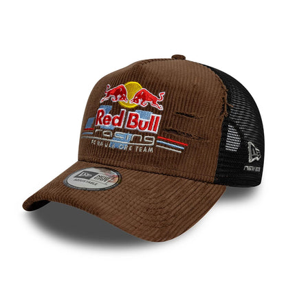 Pictured is this Red Bull Racing Distressed Cord 9FORTY A-Frame Trucker cap in brown. 1