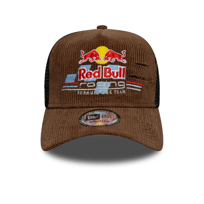 Pictured is this Red Bull Racing Distressed Cord 9FORTY A-Frame Trucker cap in brown. 2