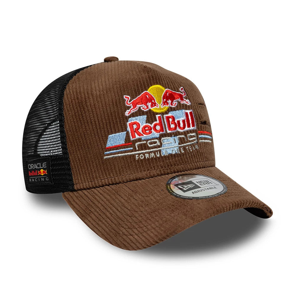 Pictured is this Red Bull Racing Distressed Cord 9FORTY A-Frame Trucker cap in brown. 3