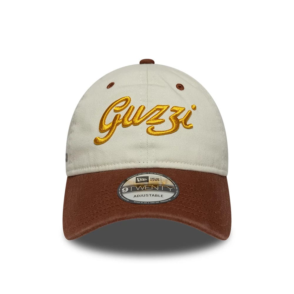 Pictured is this Moto Guzzi Script 9TWENTY cap in cream & brown. 2