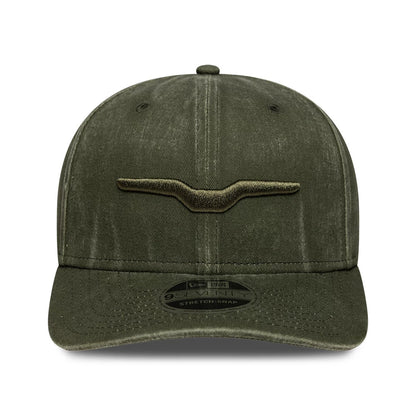 Moto Guzzi Logo Green New Era 9SEVENTY Stretch Snap Adjustable Cap, front view showing the raised green embroidered Moto Guzzi logo on the centre of the structured green crown, with a matching curved visor and 9SEVENTY size sticker.