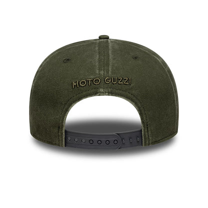 Moto Guzzi Logo Green New Era 9SEVENTY Stretch Snap Adjustable Cap, rear view showing the dark green embroidered Moto Guzzi logo centred on the back panels, with a black adjustable snap closure and eyelets on top.