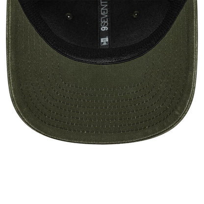 Moto Guzzi Logo Green New Era 9SEVENTY Stretch Snap Adjustable Cap, inside view showing a black sweatband, the 9SEVENTY label, New Era and MLB logos on the taping, and detailed stitching on the green curved visor.