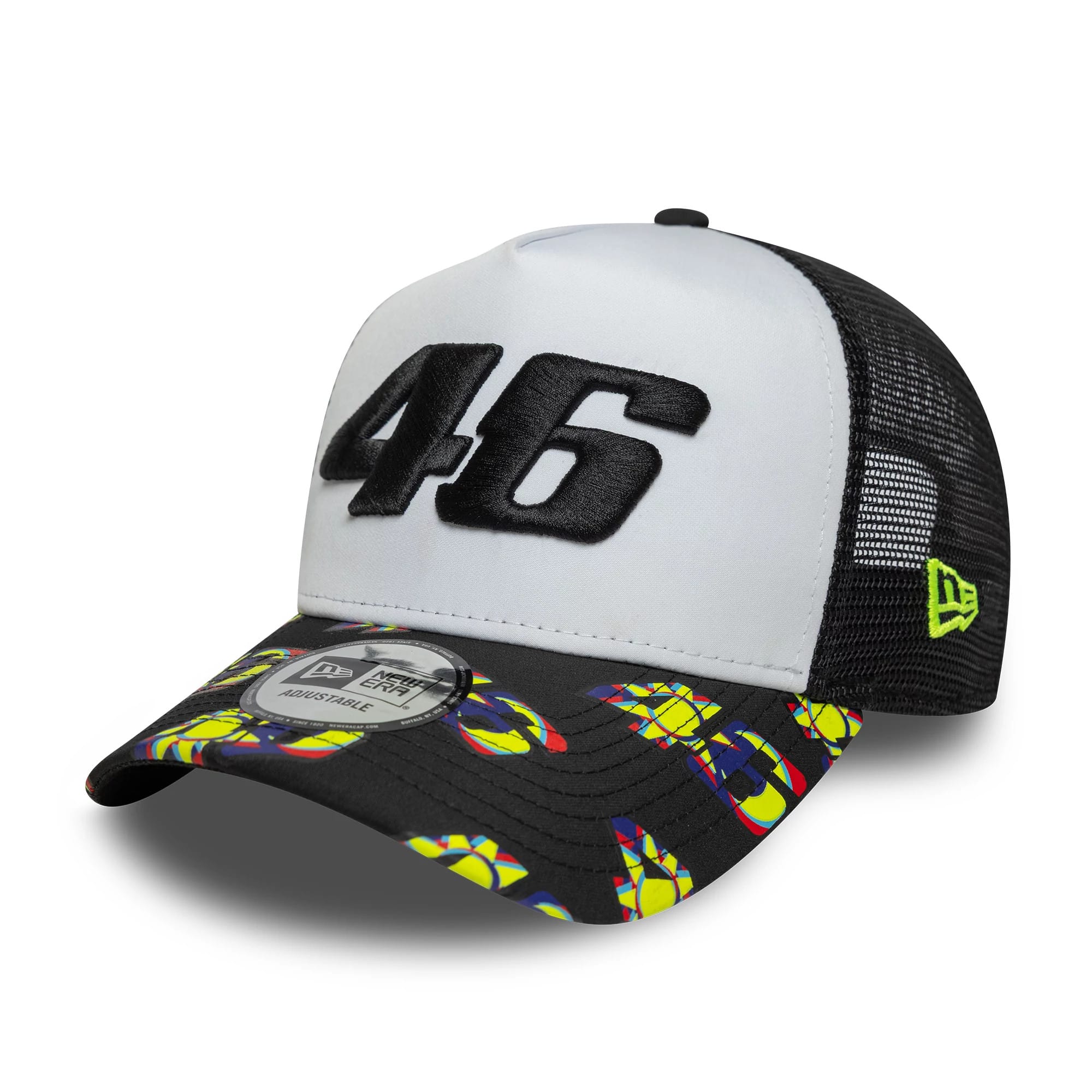 Pictured is this VR46 Print Visor 9FORTY E-Frame Trucker cap in black. 1