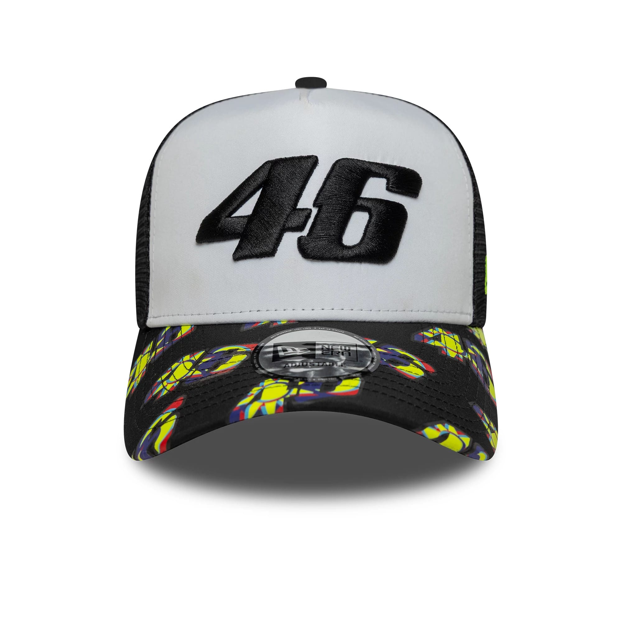 Pictured is this VR46 Print Visor 9FORTY E-Frame Trucker cap in black. 2
