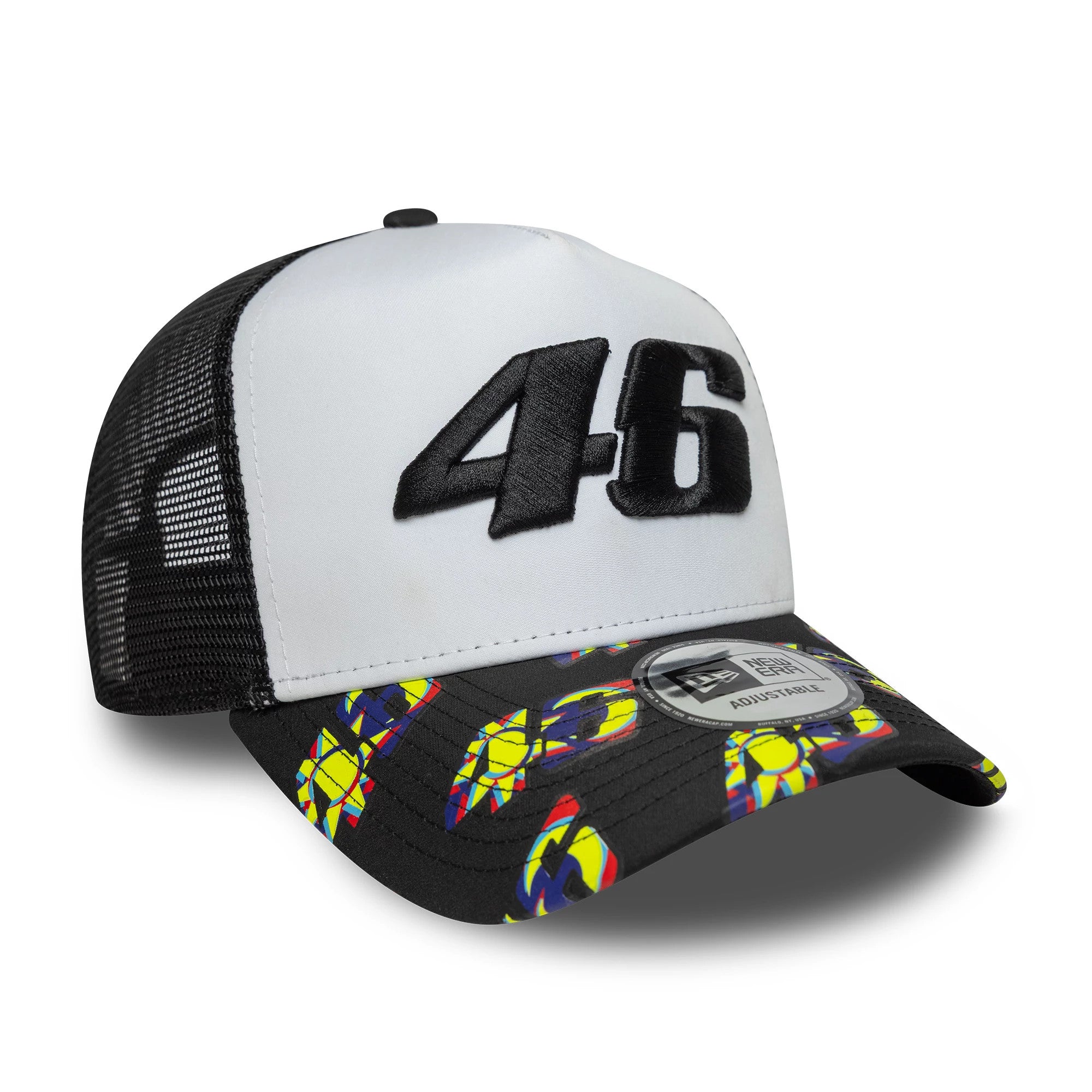Pictured is this VR46 Print Visor 9FORTY E-Frame Trucker cap in black. 3