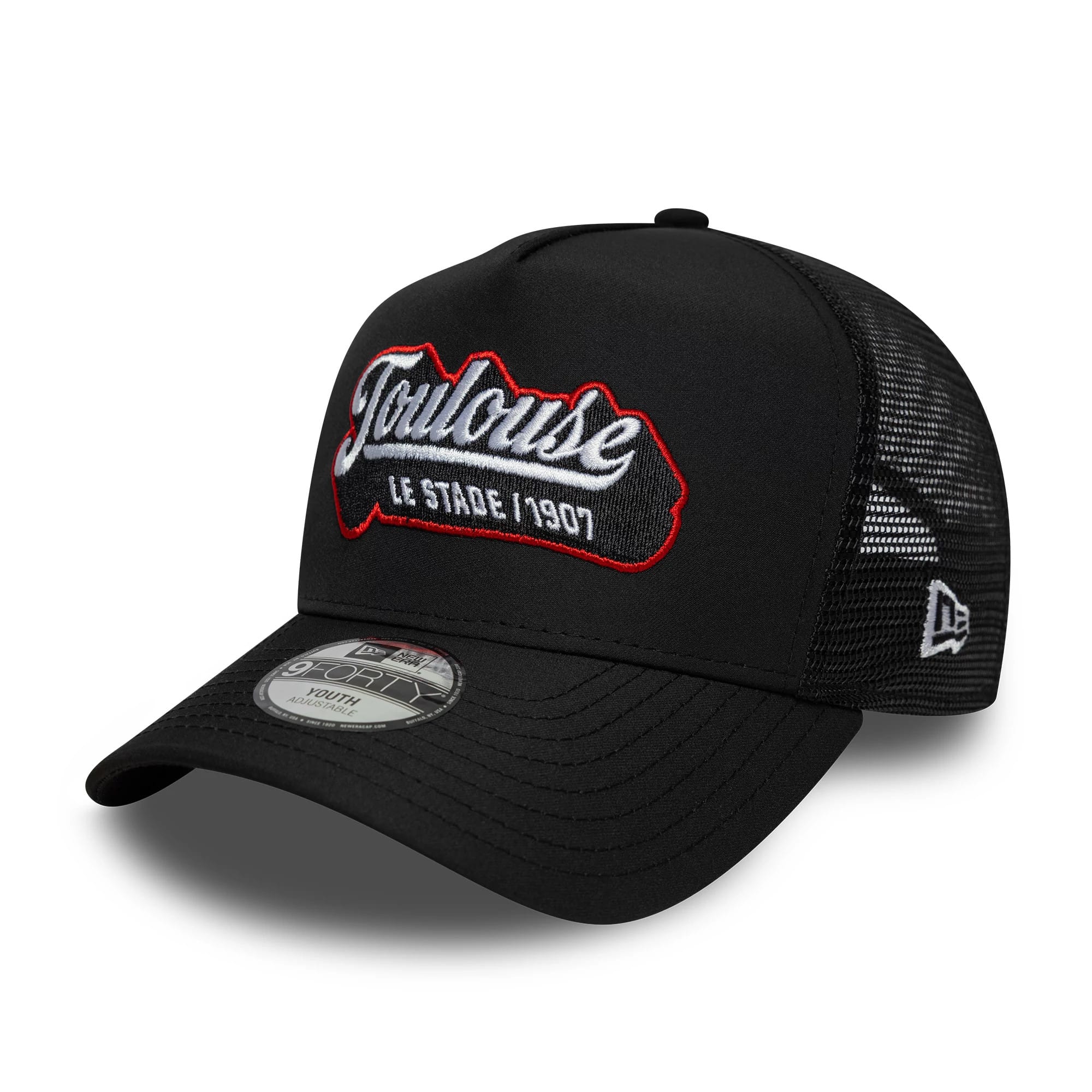 Pictured is this Youth Stade Toulousain Patch 9FORTY E-Frame Trucker cap in black. 1