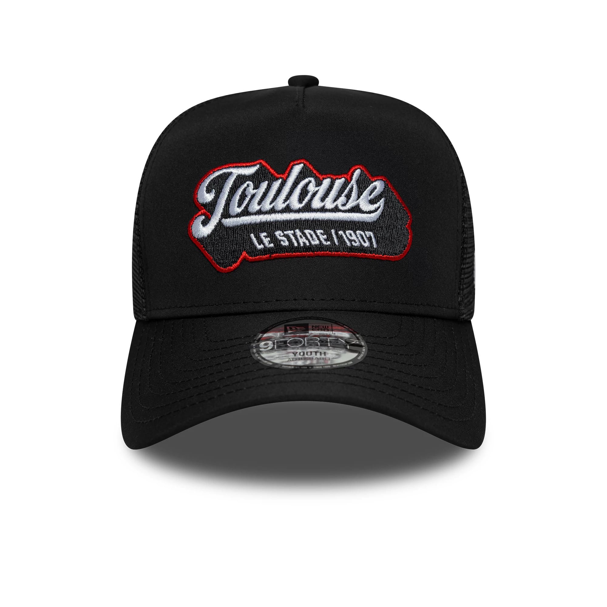Pictured is this Youth Stade Toulousain Patch 9FORTY E-Frame Trucker cap in black. 2