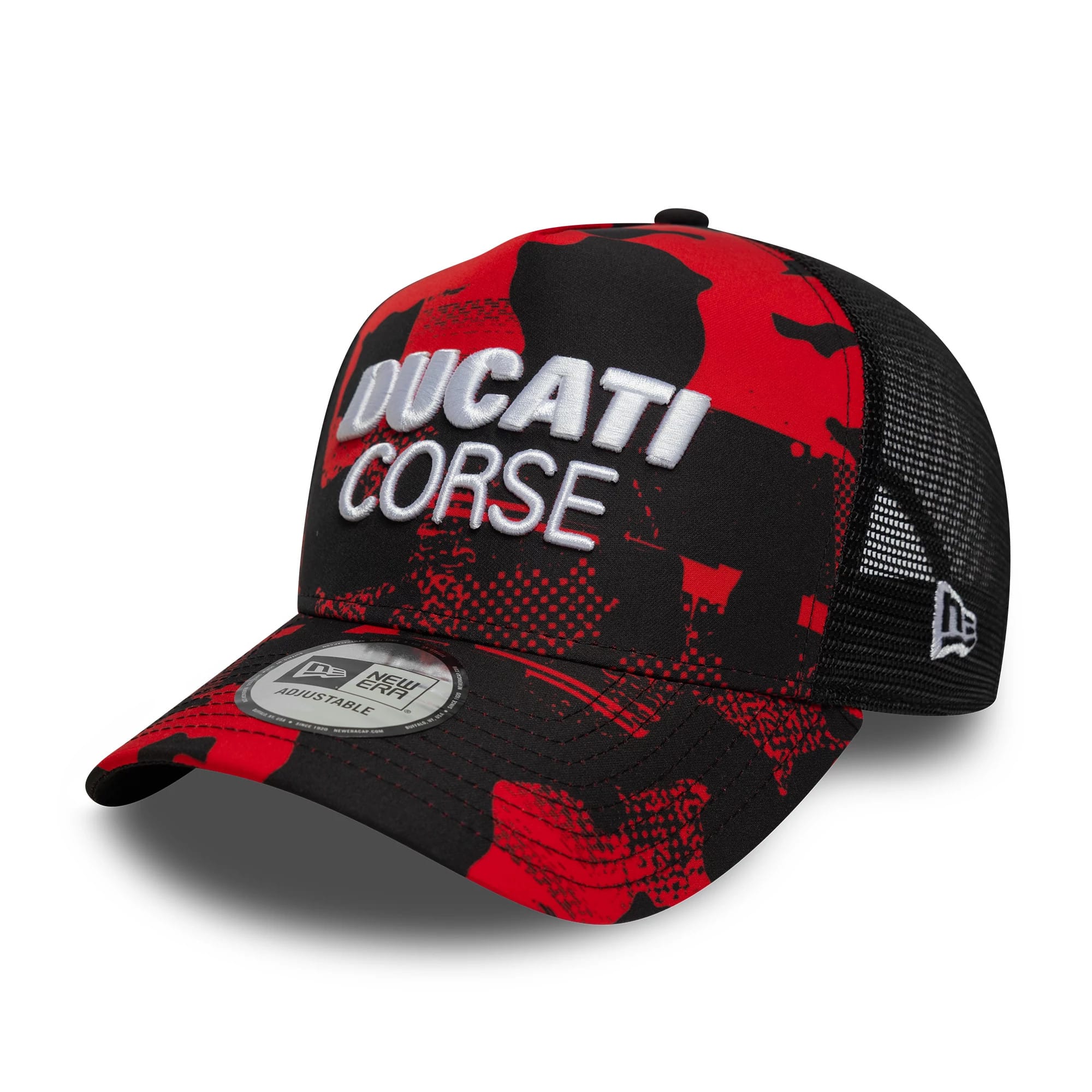 Pictured is this Ducati Motor Camo 9FORTY E-Frame Trucker cap in black. 1