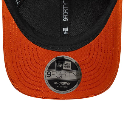 Moto Guzzi Distressed Red New Era 9FORTY M-Crown Adjustable Cap, inside view showing the black taping with the 9FORTY logo along the crown, a silver 9FORTY size sticker centred on the orange visor, and a black sweatband.