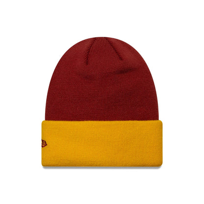 New Era Youth AS Roma Team Dark Red Skull Knit Beanie Hat, front view showing a deep red crown with a contrasting bright yellow fold-over cuff, a delicate embroidered AS Roma logo on the left side, and finished top seams.