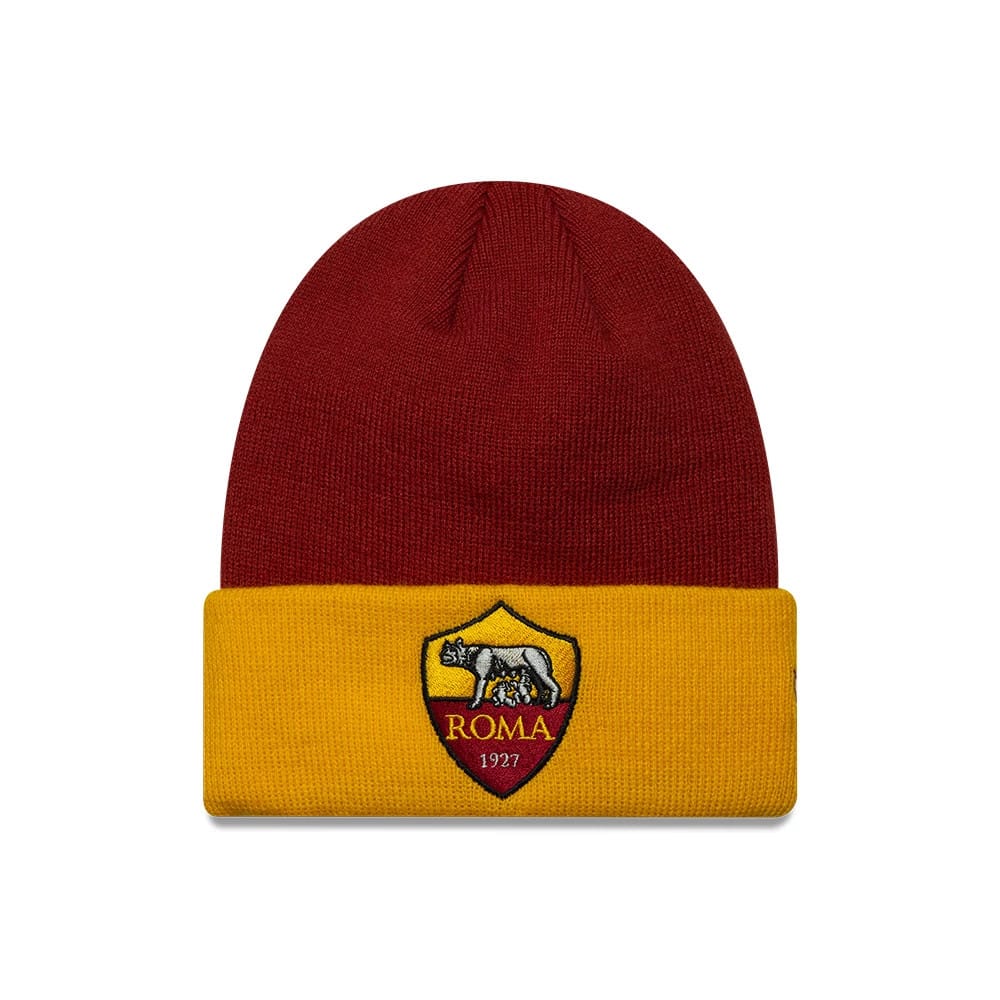 Pictured is this Youth AS Roma Team Skull Knit Beanie hat in dark red. 1