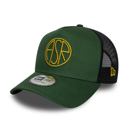 AS Roma Dark Green New Era 9FORTY E-Frame Trucker Adjustable Cap, front view showing the yellow circle ASR logo embroidered on the structured dark green front panel, with a curved visor and a black mesh rear, and a 9FORTY size sticker on the visor.