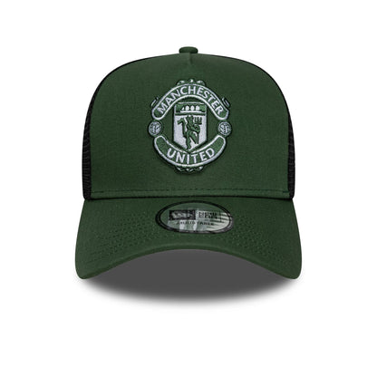 Pictured is this Manchester United FC 9FORTY A-Frame Trucker cap in dark green. 2