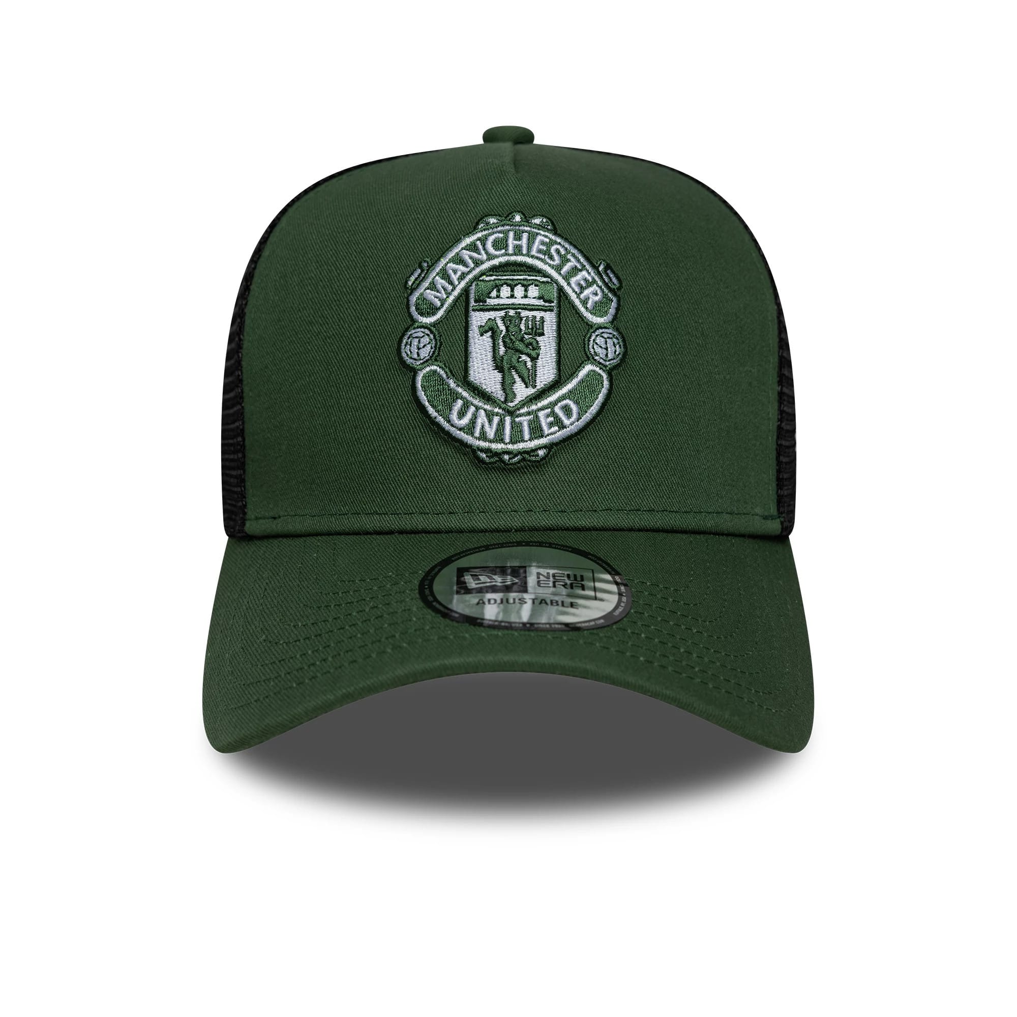 Pictured is this Manchester United FC 9FORTY A-Frame Trucker cap in dark green. 2