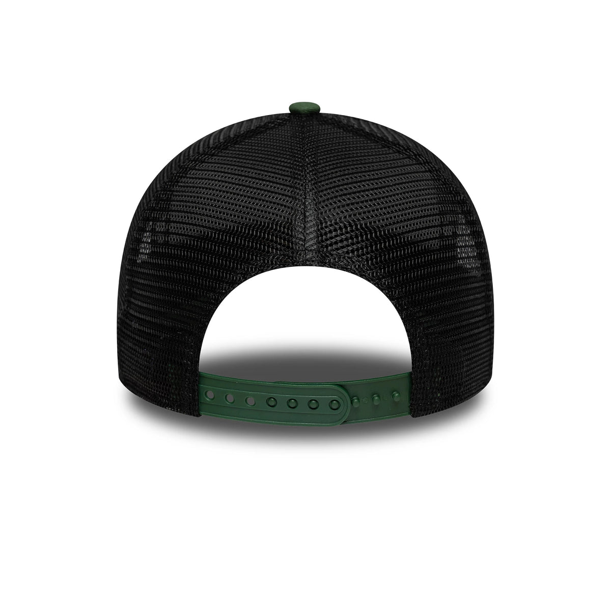 Manchester United FC Dark Green New Era 9FORTY A-Frame Trucker Adjustable Cap, rear view showing the structured black mesh back panels, complemented by a dark green plastic snap closure and matching top button for adjustable fit.