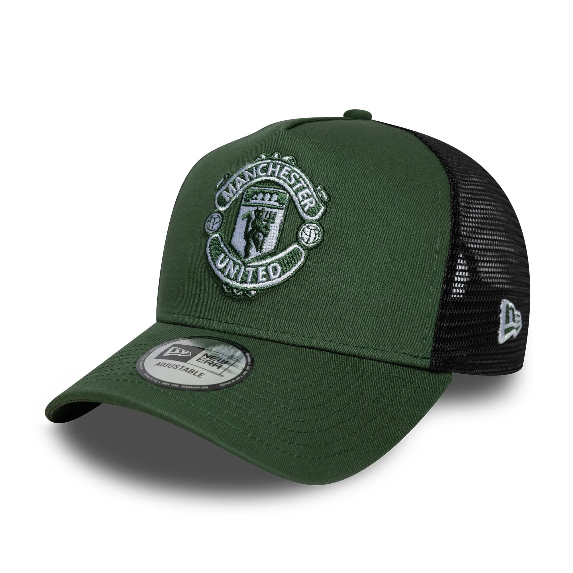 Pictured is this Manchester United FC 9FORTY A-Frame Trucker cap in dark green. 1