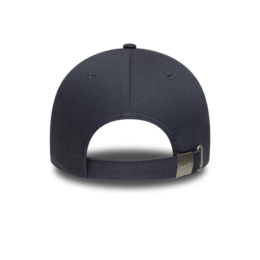 Vespa Logo Grey New Era 9FORTY Adjustable Cap, rear view showing a grey structured crown with matching embroidered eyelets, a silver buckle on the fastening strap, and detailed stitching around the opening for a refined finish.