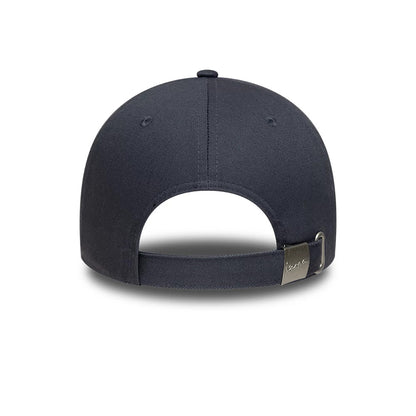 Vespa Logo Grey New Era 9FORTY Adjustable Cap, rear view showing a grey structured crown with matching embroidered eyelets, a silver buckle on the fastening strap, and detailed stitching around the opening for a refined finish.