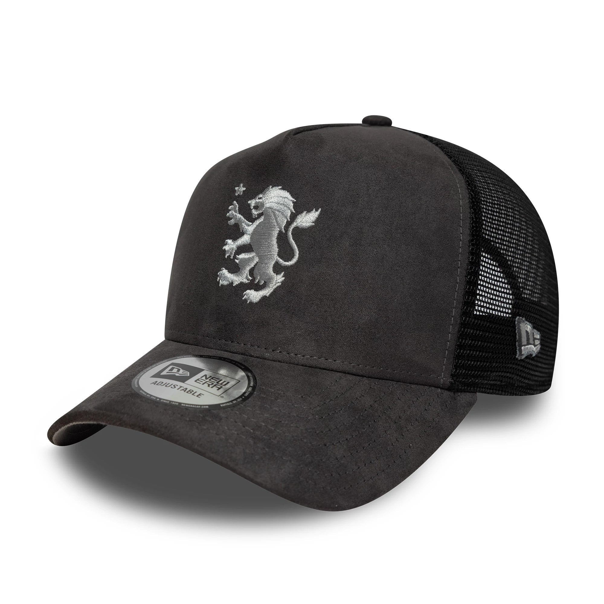 Pictured is this Aston Villa FC Faux Suede 9FORTY E-Frame Trucker cap in dark grey. 1