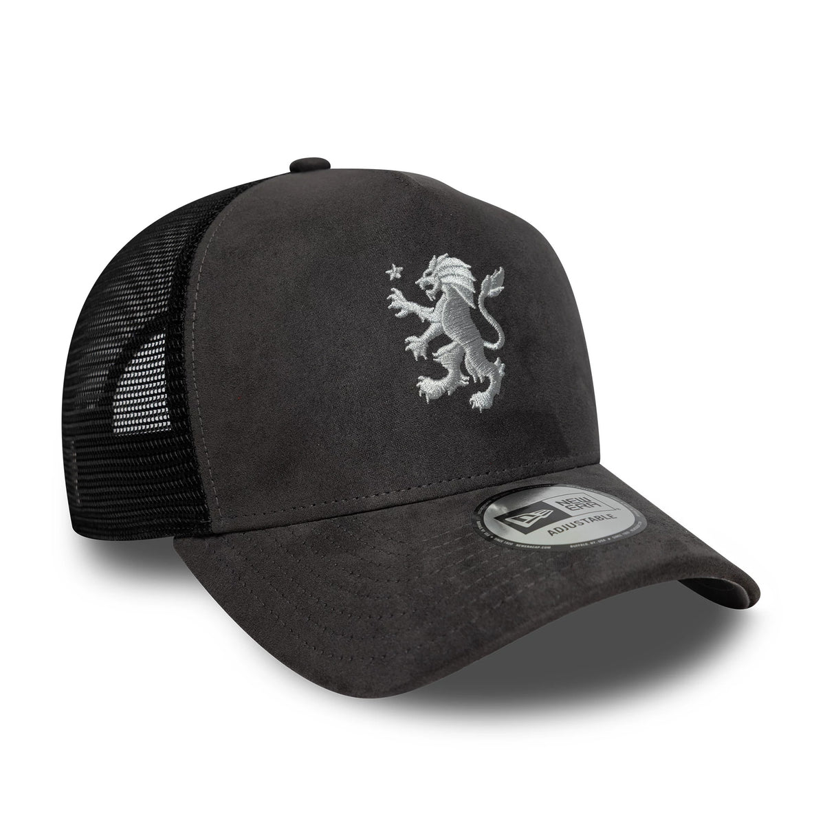 Pictured is this Aston Villa FC Faux Suede 9FORTY E-Frame Trucker cap in dark grey. 4