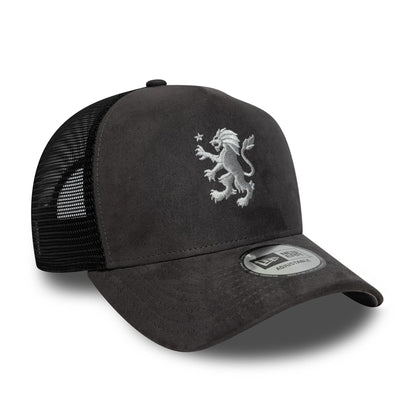 Pictured is this Aston Villa FC Faux Suede 9FORTY E-Frame Trucker cap in dark grey. 4