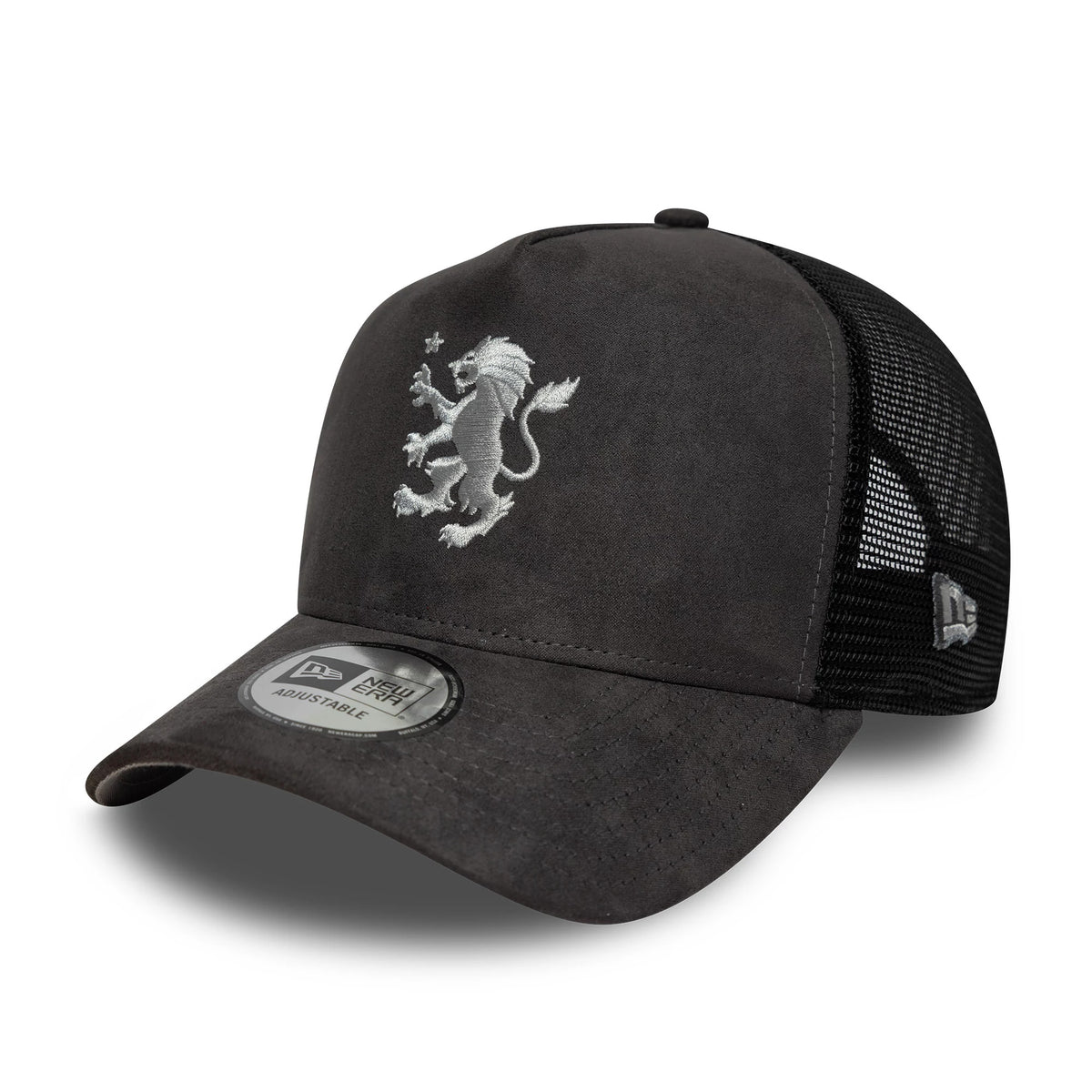 Pictured is this Aston Villa FC Faux Suede 9FORTY E-Frame Trucker cap in dark grey. 1