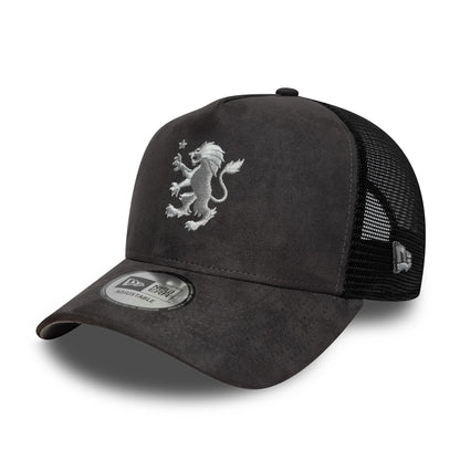 Pictured is this Aston Villa FC Faux Suede 9FORTY E-Frame Trucker cap in dark grey. 1