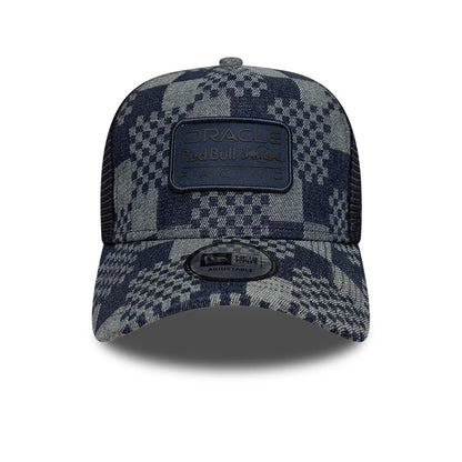 Pictured is this Red Bull Racing Patterned Denim 9FORTY E-Frame Trucker cap in dark blue. 2