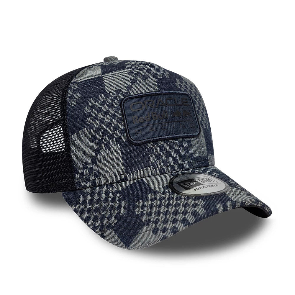 Pictured is this Red Bull Racing Patterned Denim 9FORTY E-Frame Trucker cap in dark blue. 3