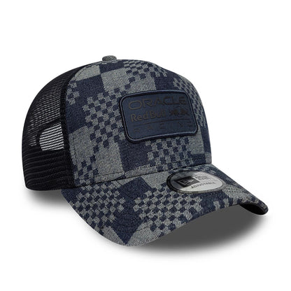 Pictured is this Red Bull Racing Patterned Denim 9FORTY E-Frame Trucker cap in dark blue. 3